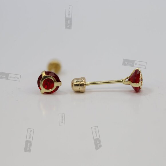 14K Solid Gold Red CZ Stud Earrings • Elegant Round Design • For Women & Girls. - Picture 4 of 8